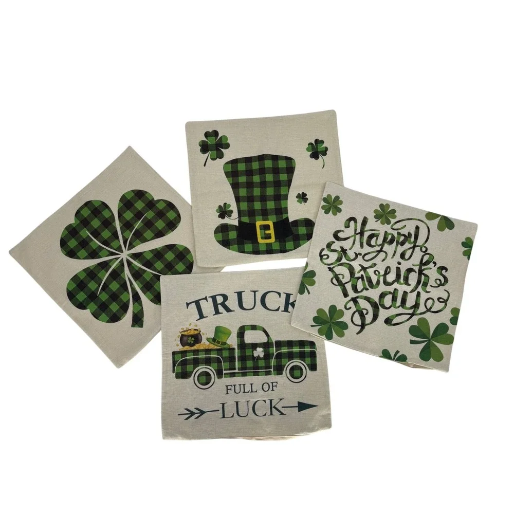 St Patricks Day Pillow Covers Set‎ of 4 Green Buffalo Plaid Luck Decor Shamrock